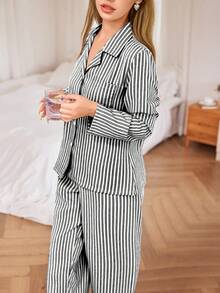 SHEIN 黑色条纹翻领上衣和裤子宽松休闲女式睡衣套装，秋冬服装 - 藏蓝色 - 查看 6