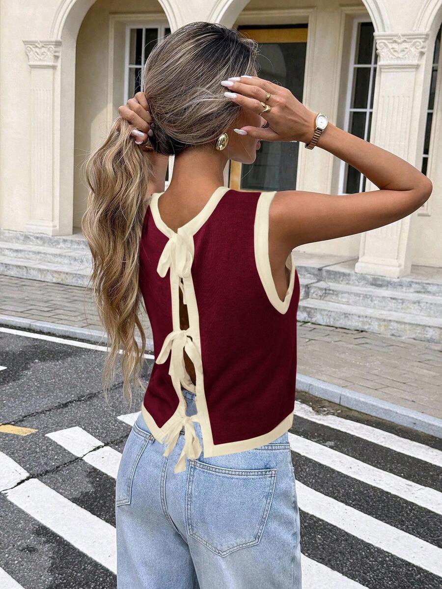 Serisse 女式撞色饰边结饰休闲无袖毛衣秋冬女装 - 酒紅色 - 查看 1