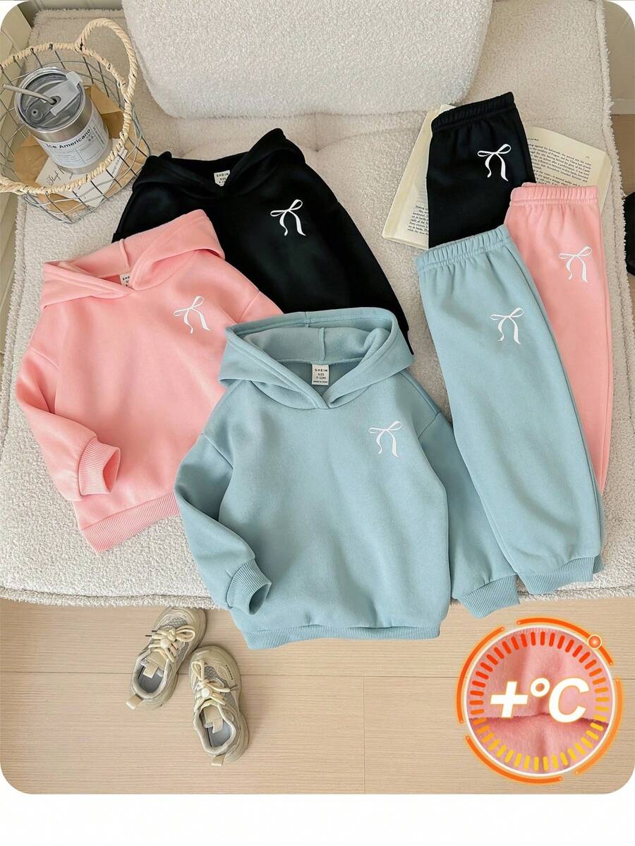 Set de 6 piezas Sudadera con capucha y pantalón de cintura elástica con patrón de corazón de unicolor lindo para bebé niña, otoño/invierno