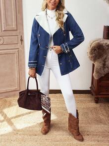 EMERY ROSE 女士翻领双排扣保暖内衬收腰牛仔夹克，秋冬季女士冬季外套 - 深色水洗藍 - 查看 6