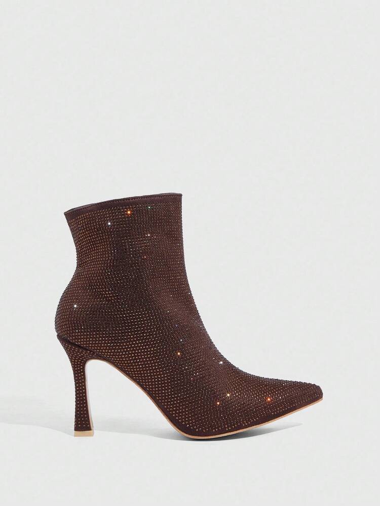 CUCCOO SZL Women's Fashionable Pointed Toe Stiletto Heel Coffee Color Full Rhinestone Ankle Boots, Glamorous Sexy For Party, Wedding