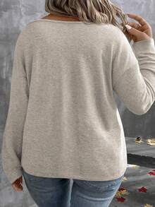 EMERY ROSE Women's V-Neck Layered Leopard Print Long Sleeve Plus Size T-Shirt, Autumn/Winter - Apricot - View 2