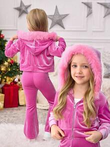 Set de 2 piezas de sudadera con capucha de terciopelo elegante y cómoda y pantalones jogger para niñas jóvenes, conjunto de atuendo casual y vintage lindo para otoño/invierno, estilos a juego madre-hija, hermana - Rosa - Ver 2