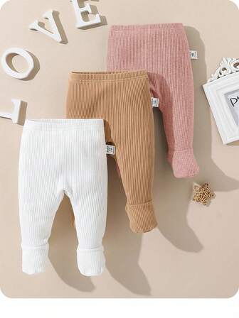 SHEIN 3pcs Newborn Baby Boy/Girl Casual Simple Solid Color Elastic Waist Leggings, Adorable Babydoll Ribbed Leggings Set
