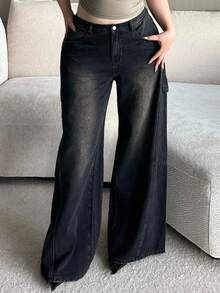 Dazy Plus Jeans en denim à jambes larges et lâches, taille élastique, grande taille, toutes saisons - Noir - Voir 9