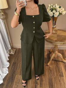 Auvina 大码女式休闲优雅方领纯黑色衬衫 + 高腰阔腿裤时尚套装，通勤装搭配宽松长直筒裤 - 橄欖綠 - 查看 5