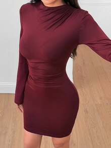 SHEIN PETITE 女款優雅酒紅色高領百褶修身緊身迷你洋裝，秋季晚餐約會長袖喇叭袖聖誕派對紅洋裝，適合嬌小女性 - 酒紅色 - 查看 4