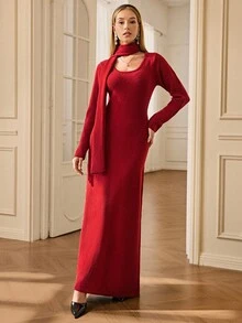 Aveloria Rosie Autumn/Winter Christmas & New Year Red Round Neck Fitted Bodycon Dress With Scarf, Elegant Women Sweater Dress
