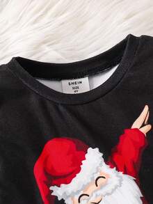 SHEIN 2 pièces/Set T-shirt à manches longues col rond et pantalon de pyjama à carreaux pour jeune garçon, motif Père Noël, ajustement confortable. Ensemble de vêtements de nuit décontractés doux et confortables, convient pour Noël, fête de Noël - Rouge - Voir 4