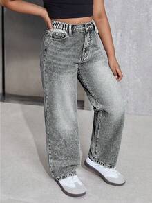 SHEIN Explorewe Teens/Girls Versatile Casual All-Match Daily Loose Straight Washed Denim Jeans, Comfortable All Year Round Summer Holiday