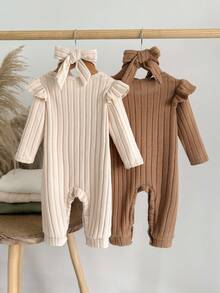 SHEIN 2pcs Baby Girls' Cute Ribbed Jumpsuit With 3D Floral Decor, Versatile For Autumn/Winter