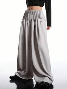 LYSMO 女士纯色腰部褶皱设计阔腿宽松休闲裤 - 灰色 - 查看 4