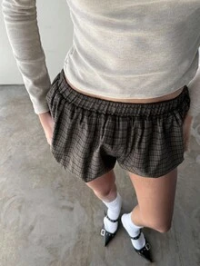 Aloruh Nuevos mini shorts de mujer para otoño/invierno, pantalones farol, pantalones harem, pantalones culotte a cuadros en marrón, pantalones de mujer para otoño, shorts de mujer