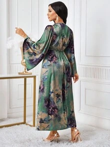 SHEIN Lady 女式优雅度假风格全印花 V 领喇叭袖腰部收紧长裙，春秋 - 彩色 - 查看 2