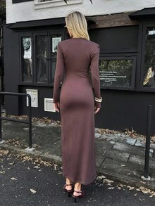 Elyressa Women's Solid Color Round Neck Pleated Elegant Long Sleeve Dress - Brown - View 2