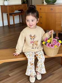 2pcs/Set Cute Sweet Baby Girl Casual Deer Print Crew Neck Long Sleeve Sweatshirt And Flared Pants Set, Suitable For Autumn/Winter, - Multicolor - View 1