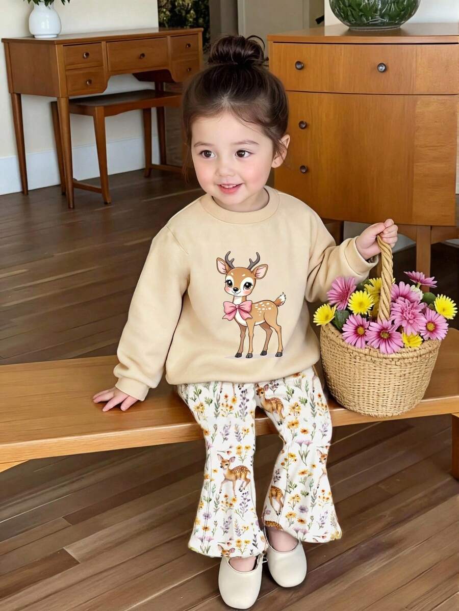 2pcs/Set Cute Sweet Baby Girl Casual Deer Print Crew Neck Long Sleeve Sweatshirt And Flared Pants Set, Suitable For Autumn/Winter, - Multicolor - View 1