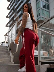 SAYEHFBABY 女式宽松抽绳直筒裤，侧条纹 - 酒紅色 - 查看 2