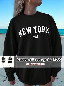 SHEIN CURVE+ Plus Size Casual Loose New York Graphic Round Neck Long Sleeve Sweatshirt For Women, Autumn/Winter - Black - View 1