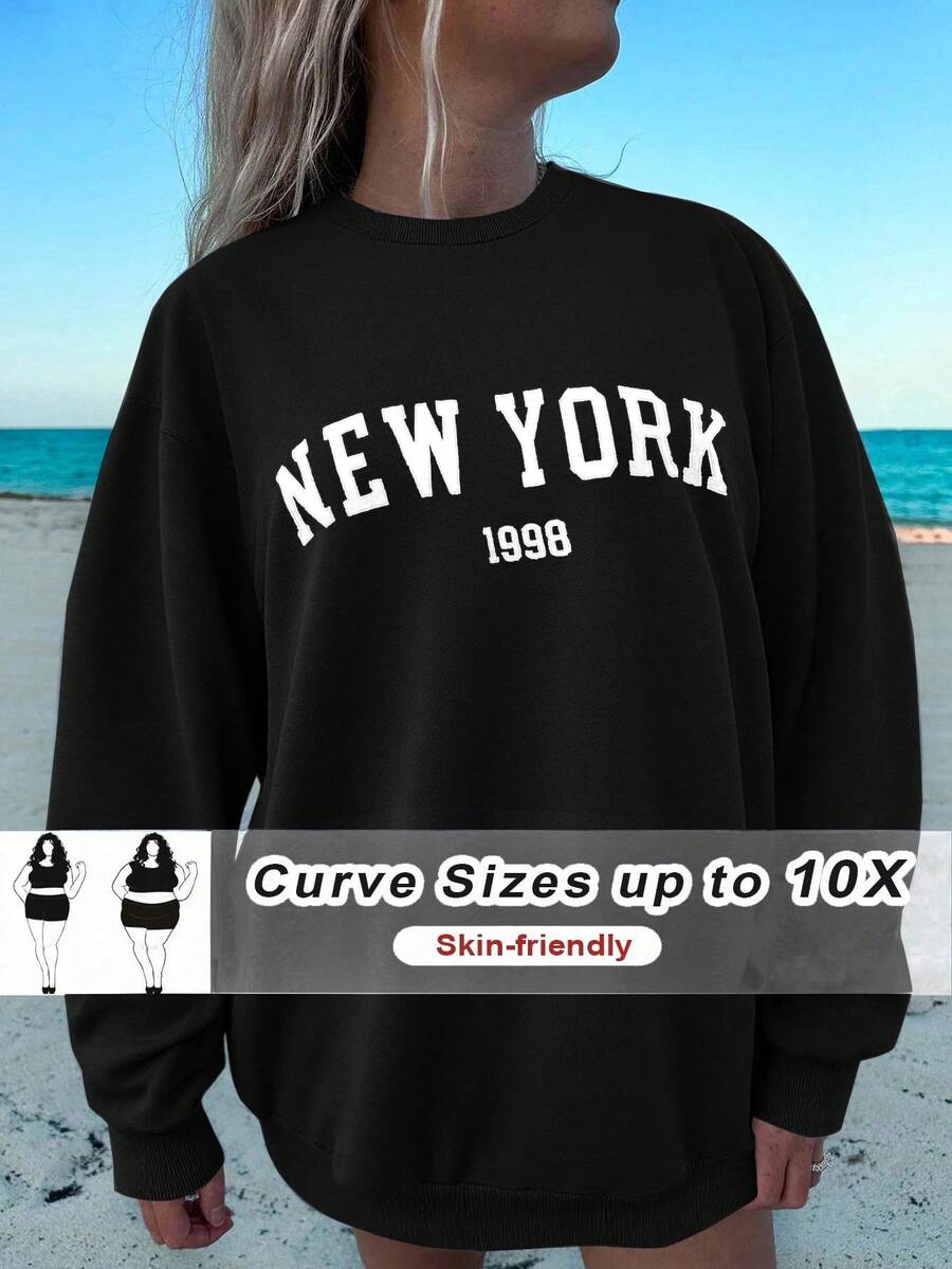 SHEIN CURVE+ Plus Size Casual Loose New York Graphic Round Neck Long Sleeve Sweatshirt For Women, Autumn/Winter - Black - View 1