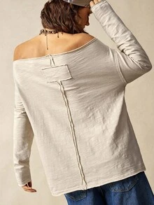 Bohemela Women's Casual Floral & Portrait Off-Shoulder Long Sleeve T-Shirt, Autumn - Blue - View 7