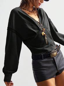 Bohemela Pull court à col V manches longues couleur unie style bohème décontracté pour femmes, automne/hiver