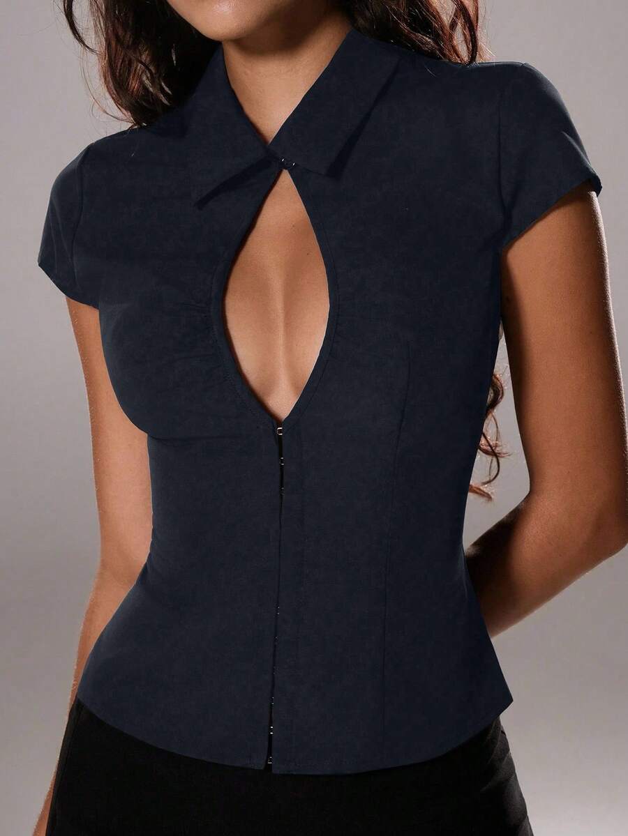 TRNVIE Summer Elegant Commuter Women's Hollow Out Sexy Button Collar Office Mermaid Style Short Sleeve Blouse - Royal Blue - View 1