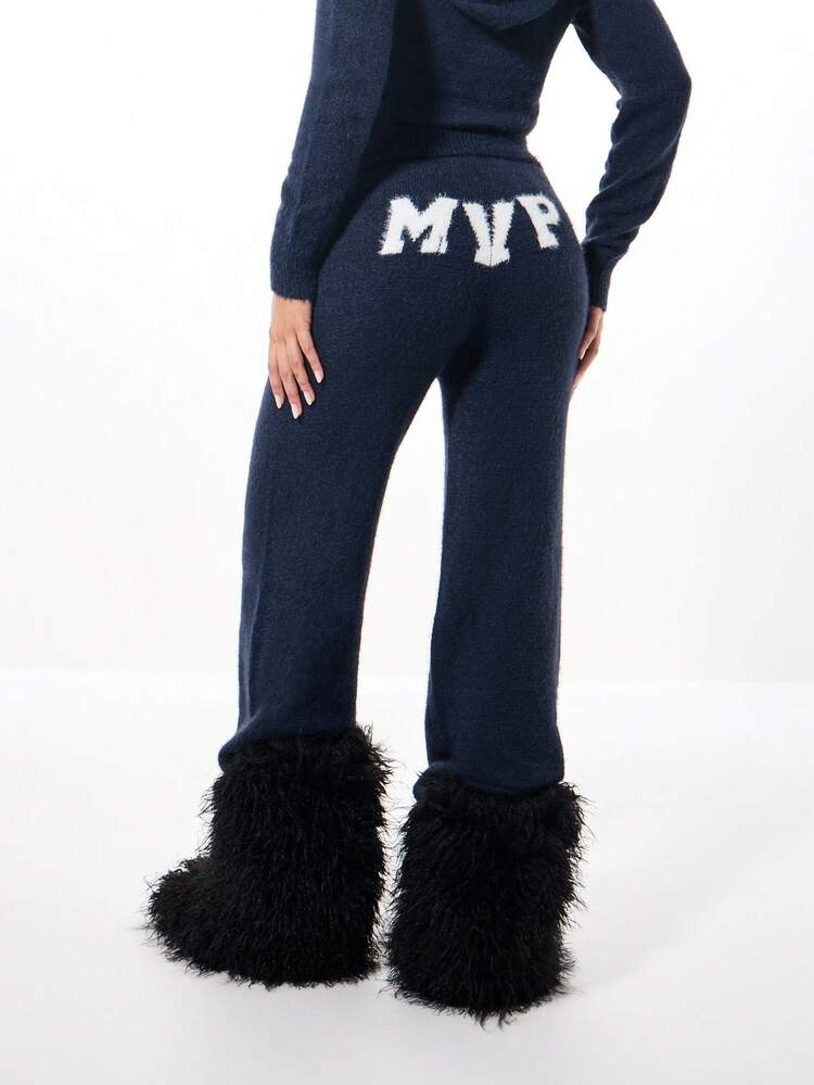 SUMWON WOMEN Navy Knit Pants With Fuzzy Leg Warmers And Logo Print