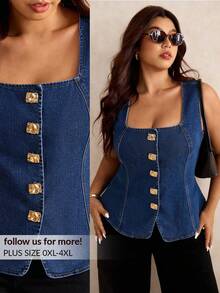Elaquor Plus Size Dark Blue Denim Top Sleeveless Square Collar Vest Metal Buckle Decoration Elegant French Style Comfortable Stretch Denim