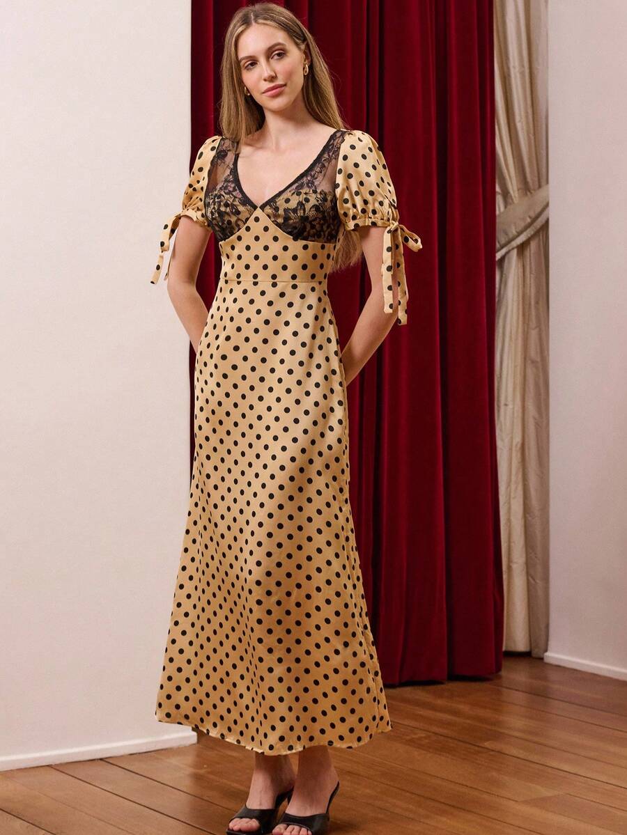 lacRébo 波尔卡圆点缎面长裙，系带袖，黑色蕾丝紧身胸衣 - 杏色 - 查看 1