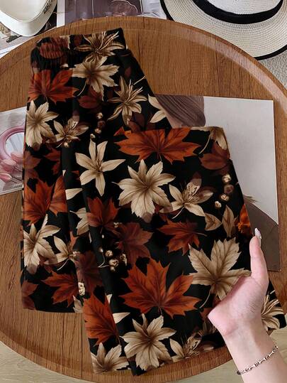 Rusticease Women's Maple Leaf Elastic Waist Wide Leg Casual Printed Pants, Autumn/Winter
