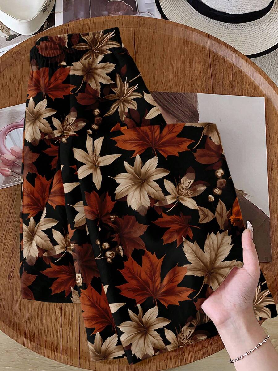 Rusticease 女士枫叶松紧腰阔腿休闲印花裤，秋冬 - 白色 - 查看 1