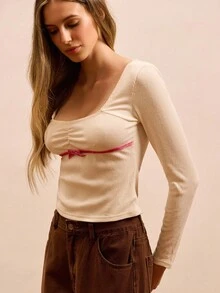 lacRébo Ribbed Long Sleeve Top With Vellvet Pink Bow Detail Spring Women Spring Summer French Style Parisian Style - Apricot - View 1