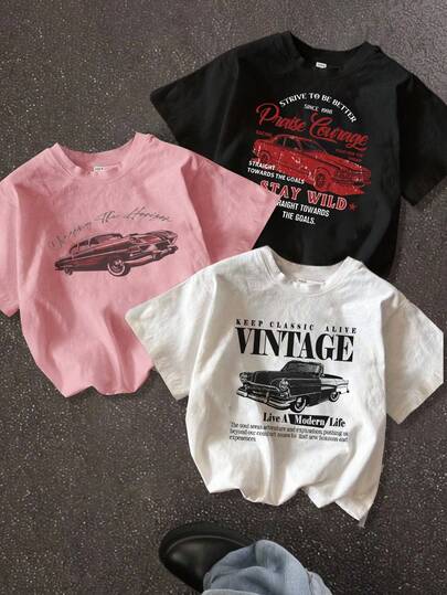 SHEIN EZwear Set de 3 camisetas holgadas de mujer con gráfico retro de coche de estilo casual, aptas para el verano
