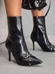 CUCCOO SZL Sepatu Bot Wanita Ujung Lancip Bertumit Tinggi dengan Gesper, Seksi, Elegan, Modis, Panjang Setengah Betis - Hitam - View 7