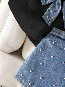 Elladie kids Girls' Casual Fashion Daily Street Crew Neck Long Sleeve Bow & Pearl Design T-Shirt With High Waist Short Denim Skort, Back To School Outfit, All Season