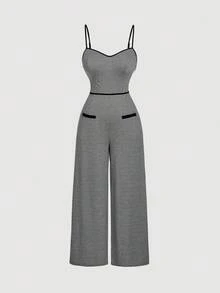 SHEIN MOD Plus Size Retro Elegant Contrast Color Trim Black & White Houndstooth Jumpsuit. Outfit - Black and White - View 6