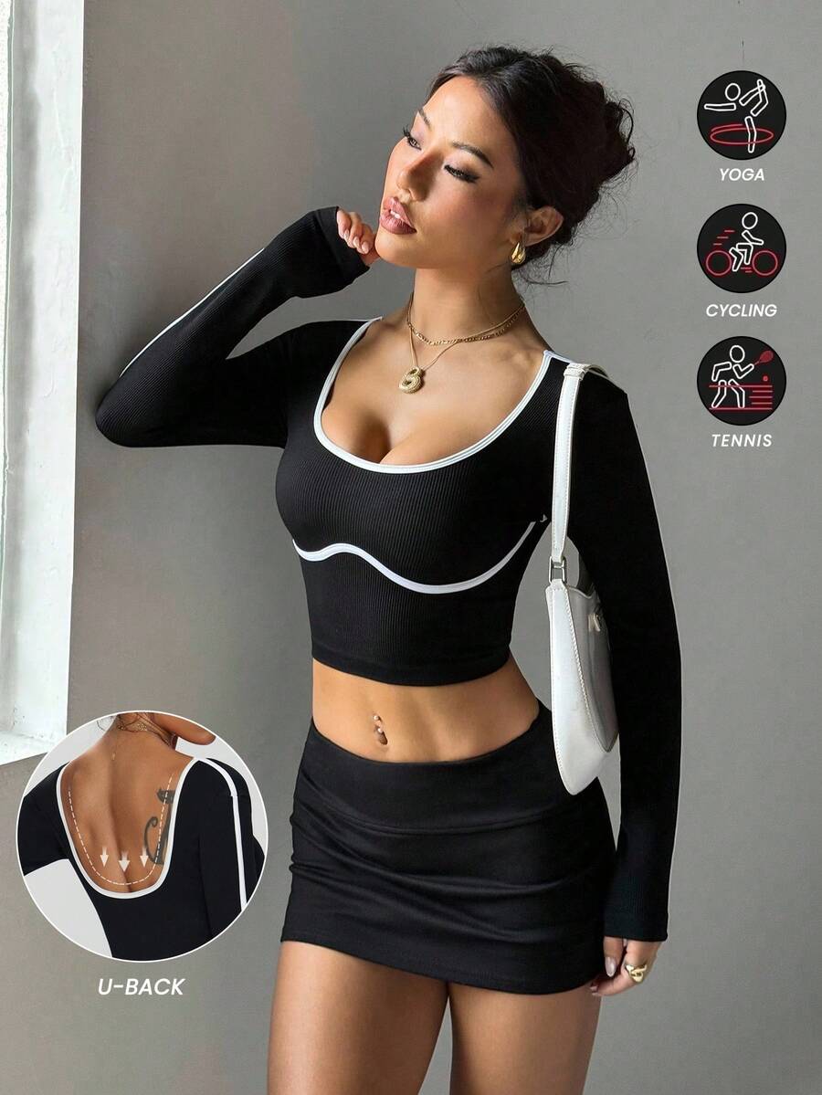 Dewbera Áo thun thể thao tập yoga co giãn cao không đường may - màu đen - Xem 1