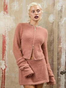 COUREZ Long Sleeve Zip Front Fluffy Knit Cardigan /Y2K Spring Casual Going Out Tops Women's Spring Cardigan Chic - Coral Pink - View 2