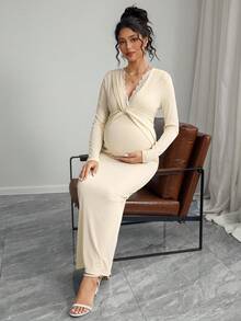 SHEIN 孕妇秋季优雅撞色蕾丝前扭结针织系带连衣裙 - 杏色 - 查看 6