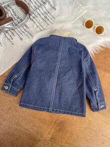 SHEIN Little Byeori معطف أطفال صبيان أزرق داكن جينز بياقة متباينة أكمام طويلة - أزرق داكن - مشاهدة 2