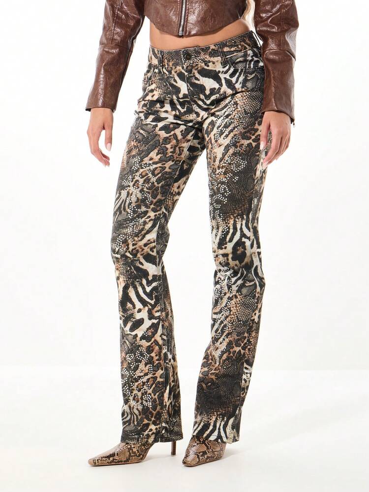 SUMWON WOMEN Mixed Animal Print Flare Jeans With Crystals