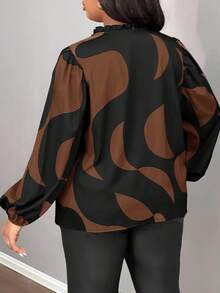 Slaydiva Plus Size Casual Commuter V-Neck Long Sleeve Loose Printed Shirt, Autumn Fall - Chocolate Brown - View 2