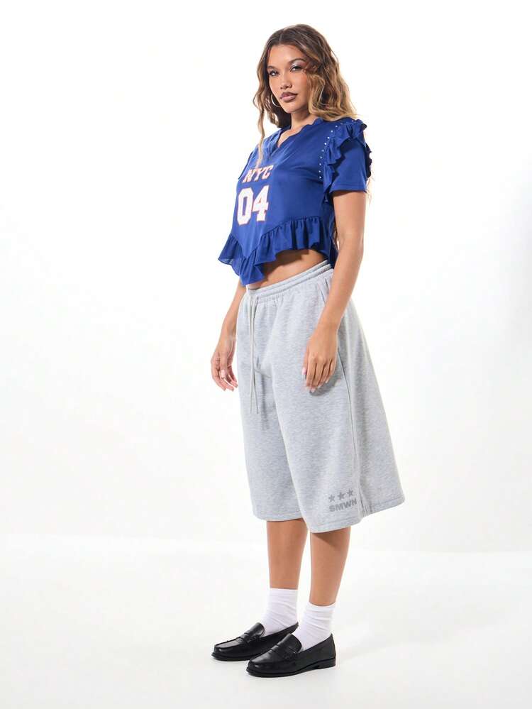 SUMWON WOMEN Ruffled Varsity Jersey Top With Numeric Print
