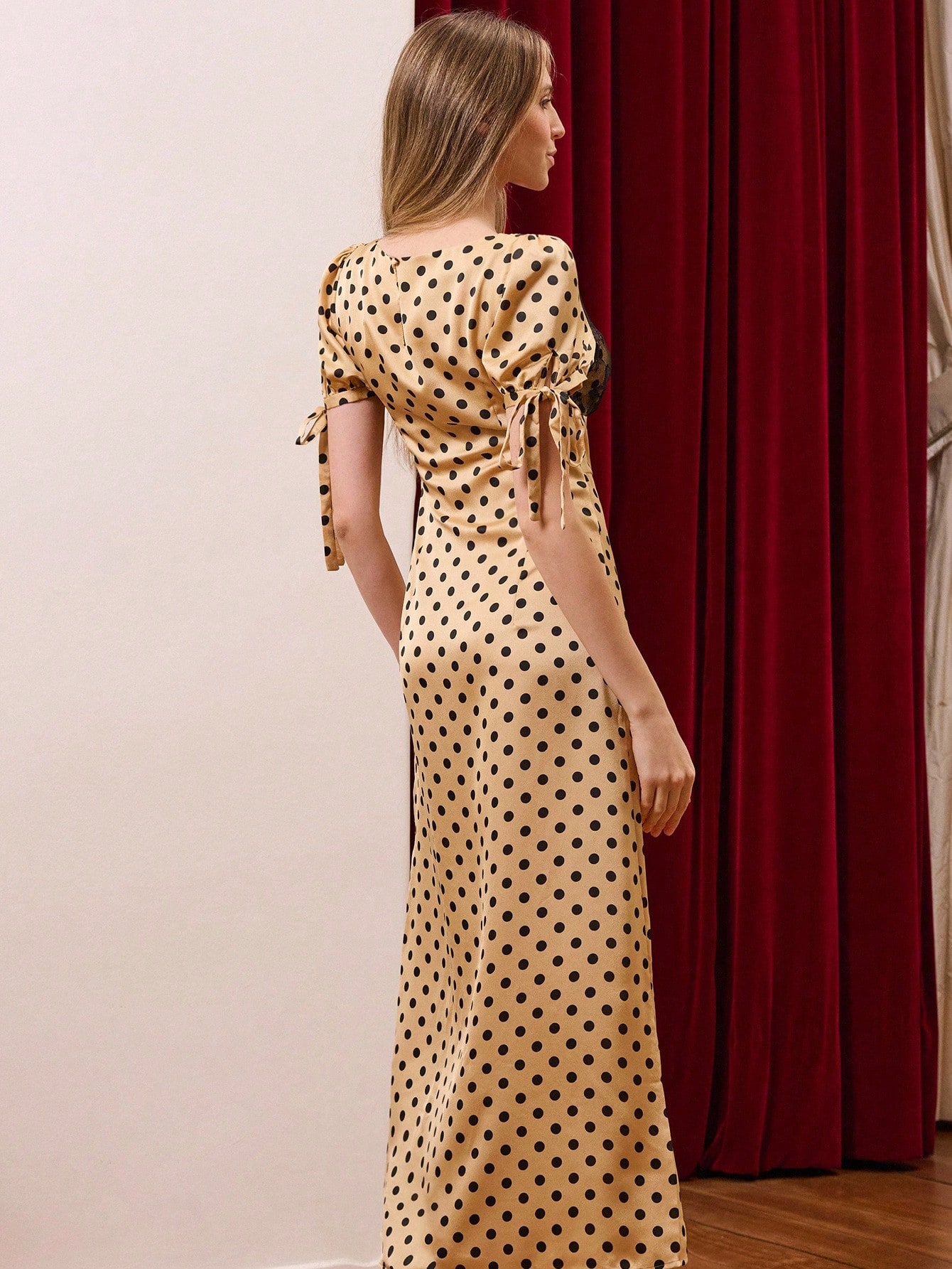 Polka Dot Satin Long Dress With Tie Sleeves And Black Lace Bodice Polka Dot Dress Women Party Dress Autumn Dress Winter Dress Night Dresses Party Women Polka Dot Dress Business Casual Dress  Party Outfits