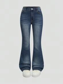 SHEIN Explorewe Y2K 时尚百搭洗水做旧弹力喇叭牛仔裤，适合少女