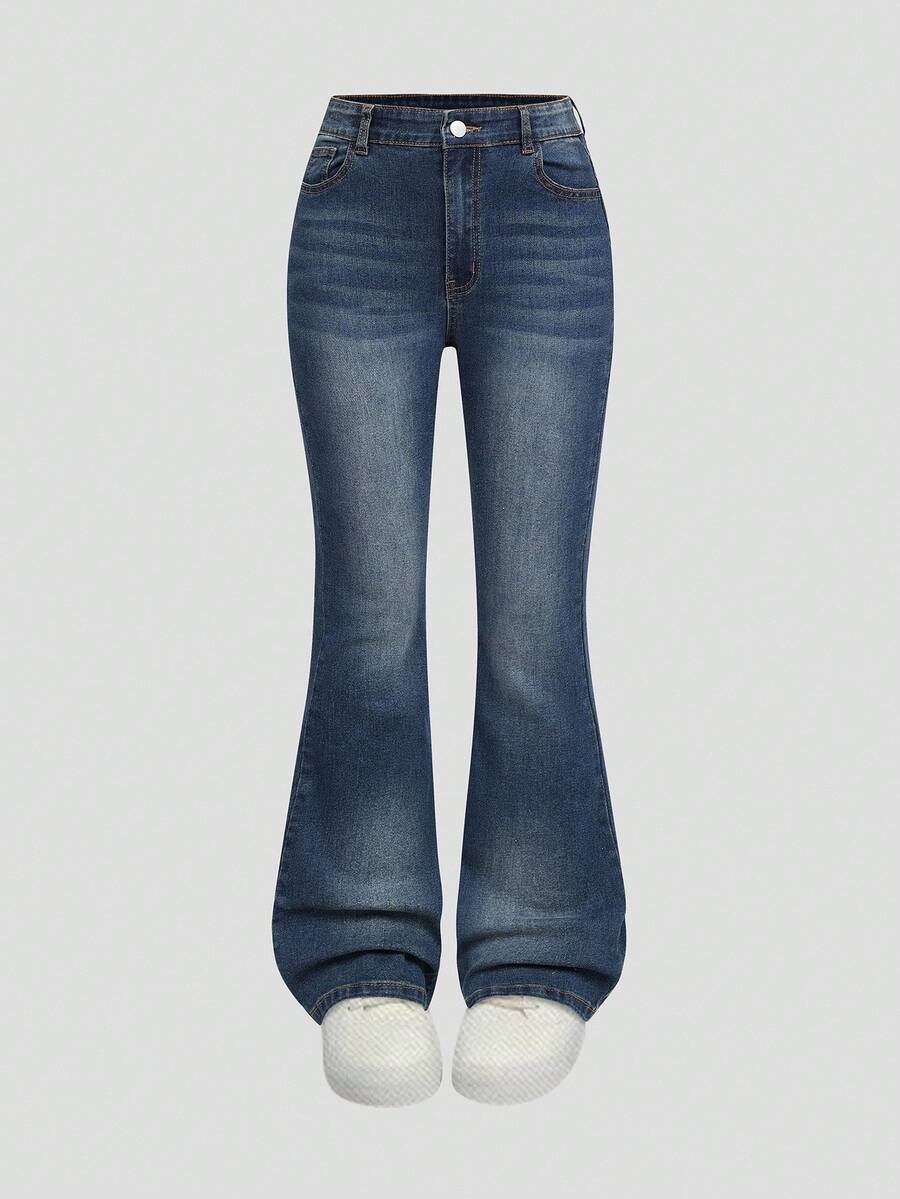 SHEIN Explorewe Jeans de mezclilla estilo Y2K versátiles lavados y desgastados con pierna acampanada y elásticos para niñas adolescentes - Azul lavado medio - Ver 1