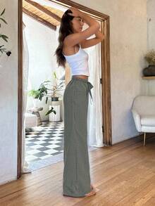 EURMUSE Quần vải lanh kẻ sọc rút dây thường ngày dành cho nữ - màu xanh lá - Xem 5