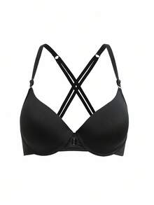 SHEIN 1pc Women Front Closure Solid Color Cross Back Sports Bra - Black - View 9