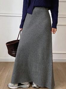 DAZY 女士纯色松紧腰休闲针织裙，秋冬 - 灰色 - 查看 5